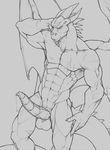  abs armpits balls barbs bicepscum dragon erection grey_background horn line_art male muscles nude pecs penis plain_background scalie scar smile solo wings wolfy-nail 