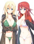  aty_(summon_night) bad_id bad_pixiv_id bikini blonde_hair blue_eyes blush breast_hold breasts cleavage coat crossed_arms esu_(ss_jj) green_bikini green_eyes half_updo huge_breasts large_breasts long_hair looking_at_viewer mint_(summon_night) multiple_girls navel open_mouth red_hair smile standing summon_night summon_night_3 swimsuit white_bikini 