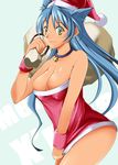  :3 bad_id bad_pixiv_id bell bell_collar blue_hair breasts christmas cleavage collar collarbone dress dress_tug hat jingle_bell kojou large_breasts long_hair rance_(series) sack santa_costume santa_hat sengoku_rance skindentation slit_pupils solo sparkle suzume_(rance) wristband yellow_eyes 