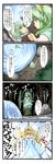  2girls 4koma axe bleeding blonde_hair blood blood_on_breasts blood_on_face bow closed_eyes comic daiyousei fairy fairy_wings folklore forest green_hair hair_ribbon highres honest_axe long_hair multiple_girls nature parody pond reflection ribbon ripples rock side_ponytail tenko_(gintenko) thighhighs throwing touhou translated tree weapon wings yellow_eyes 