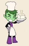  1boy aki_(0_deeeen) apron beast_boy_(dc) boots cartoon_network chef_hat chibi dc_comics food full_body gloves green_hair green_skin hand_on_hip hat male male_focus monster_boy platter purple_shoes simple_background smile solo superhero teen_titans teeth tofu tray 