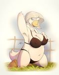  anthro arm_behind_head avian beak bird bra breasts chubby cleavage clothed clothing female goose green_eyes hair kneeling looking_at_viewer navel panties pose short_hair smile solo spotty_the_cheetah thighs underwear white_feathers white_hair 