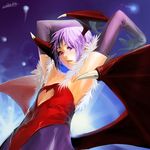  armpits arms_up colored_eyelashes deathwingxiii elbow_gloves gloves head_wings heart leotard lilith_aensland pantyhose purple_hair red_leotard short_hair signature slit_pupils solo vampire_(game) wings 