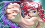  blue_eyes clenched_hands close-up electricity foreshortening gradient_hair highres long_hair multicolored_hair muscle original realistic red_hair slit_pupils solo soon topless 