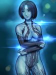  backlighting blue blue_eyes blue_hair blue_skin bodysuit breasts cleavage contrapposto cortana cowboy_shot crossed_arms halo_(game) hdfm highres hologram medium_breasts short_hair solo standing 