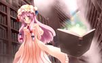  book bookshelf bow breasts capelet crescent dress gengetsu_chihiro hair_bow hat highres library long_hair medium_breasts open_mouth patchouli_knowledge purple_eyes purple_hair ribbon solo touhou voile 