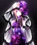  1girl bare_shoulders black_background blonde_hair drugstore04 female flower hood long_hair purple_eyes solo spider_web web 