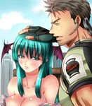  1girl bare_shoulders bat_wings blush breasts brown_hair capcom chris_redfield cleavage closed_eyes collarbone company_connection crossover demon_girl earpiece facial_hair fingerless_gloves gloves green_eyes green_hair head_wings large_breasts long_hair marvel_vs._capcom marvel_vs._capcom_3 morrigan_aensland nagare open_mouth petting resident_evil stubble succubus vampire_(game) wings 