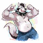  anthro belly black_hair black_nose canine cheerful chest_tuft chubby claws clothed clothing collar dancing dog elbow_tuft english_text eyes_closed fist fur gesture hair half-dressed happy husky jeans langdon langdon_marston male mammal musical_note nipples open_mouth overweight pants paws plain_background short_hair signature smile solo spiked_collar spikes standing super-tuler tairupanda teeth text thick tongue topless tuft white_background white_fur 