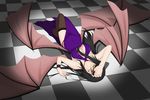  black_hair breasts checkered checkered_floor covered_navel dress highres long_hair looking_at_viewer lying medium_breasts midnight_(banyex) on_back original purple_dress solo thighhighs very_long_hair wings 