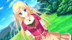  1girl arms_behind_back blonde_hair blue_eyes blush cloud clouds collar_bone collarbone day female game_cg grass highres jewelry light long_hair looking_at_viewer mel_carlyle necklace pendant plant ryuuyoku_no_melodia skirt sky smile solo tenmaso tree whirlpool_(studio) 