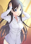  akiyama_mio alternate_eye_color black_hair blue_eyes bottomless dress_shirt hands_in_hair k-on! long_hair looking_at_viewer naked_shirt nishiuri_warito open_mouth shadow shirt solo 