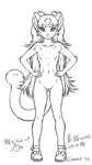  black_and_white bow cat dr_comet feline female flat_chested front frontal_view fur hair hand_on_hip japanese_text line_art long_hair looking_at_viewer mammal monochrome nude petite pussy signature solo standing text 
