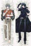  2boys akira_(togainu_no_chi) bad_id bandage barefoot bed_sheet black_hair blue_eyes boots cross dakimakura dog_tags gloves grey_hair highres jewelry lying male male_focus male_only multiple_boys navel necklace no_shoes on_back red_eyes shiki_(togainu_no_chi) short_hair smile stomach togainu_no_chi 