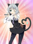  ;d animal_ears black_legwear blush cat_ears cat_tail green_eyes grey_hair heart heart_tail kyougoku_shin microphone one_eye_closed open_mouth pantyhose pointing pointing_at_viewer sanya_v_litvyak short_hair skirt smile solo strike_witches tail world_witches_series 