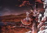  animal_ears asakura_masatoki autumn autumn_leaves black_hair branch forest geta hat highres inubashiri_momiji lake landscape leaf maple_leaf mountain multiple_girls nature rock scarf shameimaru_aya shield short_hair smirk tail tengu-geta tokin_hat touhou tree wallpaper water white_hair wolf_ears wolf_tail 