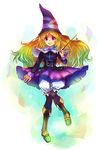  :d belt black_legwear blonde_hair bloomers boots cape dress gradient_hair green_hair grimgrimoire hat kara_(color) lillet_blan long_hair multicolored_hair open_mouth pantyhose purple_eyes smile solo underwear wand wavy_mouth wizard_hat 