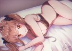  1girl bangs bare_arms bare_shoulders bed_sheet black_bow black_bra black_panties blush bow bra breasts cleavage commentary_request eyebrows_visible_through_hair girls_frontline hair_bow hair_ornament hairclip kodama_(koda_mat) long_hair looking_at_viewer lying medium_breasts navel on_bed on_side panties parted_lips red_eyes signature smile solo thighs twintails ump9_(girls_frontline) underwear underwear_only 