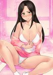  black_hair blush bra breasts cleavage green_eyes highres idolmaster idolmaster_cinderella_girls japanese_clothes kimono large_breasts long_hair mukai_takumi panties satou_souji smile socks solo underwear undressing 