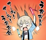  arm_up blush breath cheering eila_ilmatar_juutilainen excited glowstick hachimaki happi headband japanese_clothes kyougoku_shin lowres open_mouth orange_background solo strike_witches sweat world_witches_series 