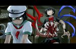  anchor asymmetrical_wings black_dress black_hair blood bow claws crossover dress fangs green_eyes guro hat houjuu_nue intestines letterboxed multiple_girls murasa_minamitsu neckerchief oso_(toolate) parody red_eyes sailor_dress sailor_hat short_sleeves sweat the_thing the_thing_(2011) torn_clothes torn_dress touhou wings 