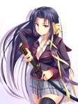  black_eyes black_hair breasts cleavage highres kikuma525 kurugaya_yuiko large_breasts little_busters! long_hair school_uniform sheath solo sword thighhighs unsheathing weapon 