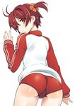  ass bad_id bad_pixiv_id brown_eyes brown_hair buruma isshiki_akane jacket jiji looking_back scrunchie short_hair solo track_jacket trefoil twintails vividred_operation 