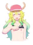  1girl bare_arms eyes_closed flat_chest hat horns kobayashi-san_chi_no_maidragon long_hair multicolored_hair quetzalcoatl_(maidragon) shirt_lift tagme third-party_edit 