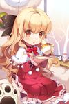  :o blonde_hair blush bow capelet celine_hastur child cup dress gilse holding layered_dress long_hair open_mouth orange_eyes plate polka_dot ribbon sitting solo stuffed_animal stuffed_toy sword_girls teacup tree very_long_hair wavy_hair 