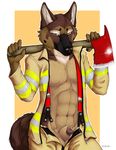  anthro axe balls canine clothing dog firefighter firefighter_uniform german_shepherd looking_at_viewer male mammal penis penis_tip sheath simple_background solo truegrave9 uniform weapon 