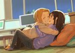  ^_^ akiyama_mio belt black_hair brown_hair closed_eyes denim fukutarou_(enji127) grin hug jeans k-on! long_hair lying multiple_girls pants pillow short_hair smile socks sweater tainaka_ritsu yuri 