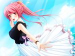 13cc 1girl armbrace blush bow bracelet cloud clouds day female jewelry long_hair love_bind ocean open_mouth petticoat pink_hair ponytail purple_eyes ribbon sea shizuku_onohara sky solo water 