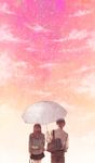  1girl bag brown_hair couple from_behind furai hetero highres long_hair original pink rain red_sky school_uniform shared_umbrella short_hair shoulder_bag sky umbrella 