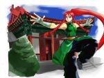  1girl alternate_breast_size alternate_costume alternate_hairstyle architecture baggy_pants bandage bare_shoulders belt blue_eyes braid breasts chinese_clothes commentary_request dress east_asian_architecture fighting_stance flats green_dress hand_wraps highres hong_meiling kung_fu kuriyama5422 long_hair outstretched_arms pants ponytail red_hair side_braids sleeveless small_breasts solo spread_arms standing standing_on_one_leg touhou twin_braids very_long_hair 