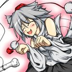  ^_^ animal_ears bare_shoulders blush bone closed_eyes detached_sleeves fang hat inubashiri_momiji open_mouth ototobe short_hair silver_hair skirt smile solo tail tail_wagging tokin_hat touhou wolf_ears wolf_tail 