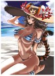  absurdres animal_ears ankle_garter arched_back arm_garter barefoot beach bikini breasts brown_eyes brown_hair character_request cloud copyright_request curly_hair day ears_through_headwear flower glasses hat highres honjou_raita large_breasts long_hair outdoors sitting skindentation solo straw_hat string_bikini striped striped_bikini summer sun_hat swimsuit tail tiger_ears tiger_tail undersized_clothes 