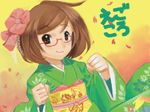  brown_eyes brown_hair chaunen glasses hair_ornament hairpin japanese_clothes kimono long_sleeves looking_at_viewer nikki_(swapnote) obi petals red-framed_eyewear sash semi-rimless_eyewear short_hair smile solo swapnote translation_request under-rim_eyewear upper_body wide_sleeves 