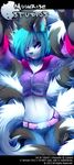  anthro belt blind breasts canine english_text female fox hair hoodie jeans looking_at_viewer mammal midriff multiple_tails neon_hair purple_eyes roxanne_(character) smile solo standing text tofu93 tongue tongue_out 