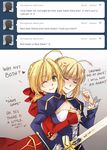  ahoge anger_vein angry artoria_pendragon_(all) blonde_hair braid breasts cleavage_cutout corset dress english epaulettes excalibur fate/extra fate/stay_night fate_(series) french_braid grabbing grabbing_from_behind green_eyes groping multiple_girls nero_claudius_(fate) nero_claudius_(fate)_(all) one_eye_closed rynn_(seibu) saber short_hair small_breasts sword trembling tumblr weapon 
