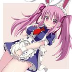  alternate_costume animal_ears apron blush breasts bunny_ears enmaided givuchoko hair_ribbon large_breasts maid maid_headdress necktie purple_eyes purple_hair red_neckwear reisen_udongein_inaba ribbon solo touhou twintails wrist_cuffs 