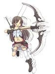  anyannko arrow bow_(weapon) brown_eyes brown_hair drawing_bow gloves highres holding holding_arrow holding_bow_(weapon) holding_weapon long_hair midriff navel original shorts single_thighhigh solo thighhighs weapon 