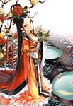  antlers black_hair blue_eyes blush breasts chinese_clothes cleavage cocoon_(loveririn) copyright_request earrings expressionless fish flower goldfish hair_rings hanfu highres jewelry lips long_hair long_sleeves looking_at_viewer medium_breasts peony_(flower) robe sash tree very_long_hair water wide_sleeves 