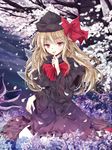  bad_id bad_pixiv_id black_dress blonde_hair bow capelet cherry_blossoms dress fairy_wings finger_to_mouth flower hat hat_bow highres lily_black lily_white long_hair long_sleeves petals red_eyes sitting smile solo tamago_gohan touhou tree wide_sleeves wings 