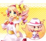  bad_id bad_pixiv_id blue_eyes blush bow dress drill_hair dual_persona hair_bow hairband hat headset heart long_hair mole multiple_views pink_hair poke_ball_theme pokemon pokemon_(game) pokemon_bw2 ruri_(pokemon) shooting-star short_hair smile thought_bubble 