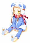  :d animal_costume animal_hat bangs blunt_bangs blush brown_hair child cosplay fang full_body hat ichihara_nina idolmaster idolmaster_cinderella_girls kigurumi long_hair looking_at_viewer meito_(maze) open_mouth panda_costume scarf sitting slippers smile solo yellow_eyes 