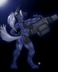  blue butt chaingun cyera female krinkels minigun muscles muscular_female piercing ponytail ranged_weapon solo standing weapon 
