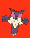  cat feline green_eyes invalid_background invalid_color japanese japanese_text jumping kippykat looking_at_viewer mammal nintendo open_mouth orange_background plain_background pok&#233;mon pok&eacute;mon ponce pouncing purrloin red_background text tongue translated video_games 