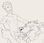  balls beard bestiality canine cock_ring dragondrawer ear_piercing facial_hair feral gay human human_on_anthro interspecies licking male mammal monochrome nipples oral penis piercing pubes teeth toned tongue video_games warcraft were werewolf wolf worgen world_of_warcraft 
