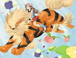  arcanine blue_(pokemon) brown_eyes brown_hair flower gen_1_pokemon gen_2_pokemon hat hoppip jumpluff kuensan124 loose_socks pokemon pokemon_(creature) pokemon_(game) pokemon_frlg porkpie_hat riding skiploom skirt socks tail 