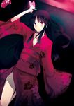  1girl black_hair blush daiaru female japanese_clothes kimono long_hair lying on_back original red_eyes smile solo traditional_clothes 